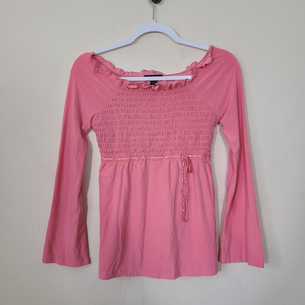 Y2K Pink Bell Sleeve Babydoll Top Jr L Tie Waist‎ Whimsy Twee Coquette Girly Vtg